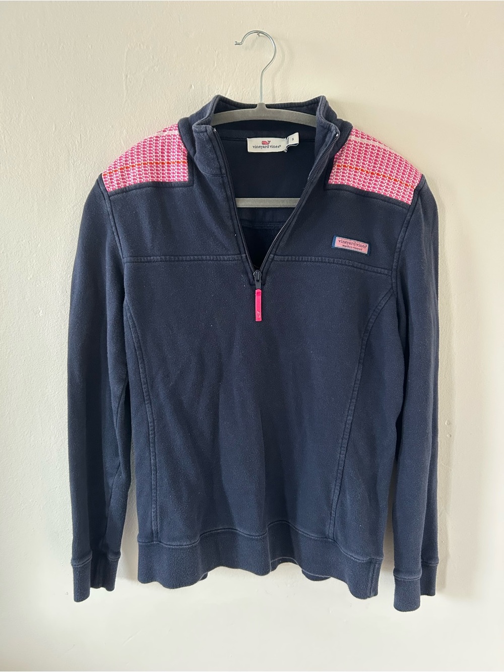 Vineyard Vines Navy Half-Zip Pullover with Pink Shoulder Panels